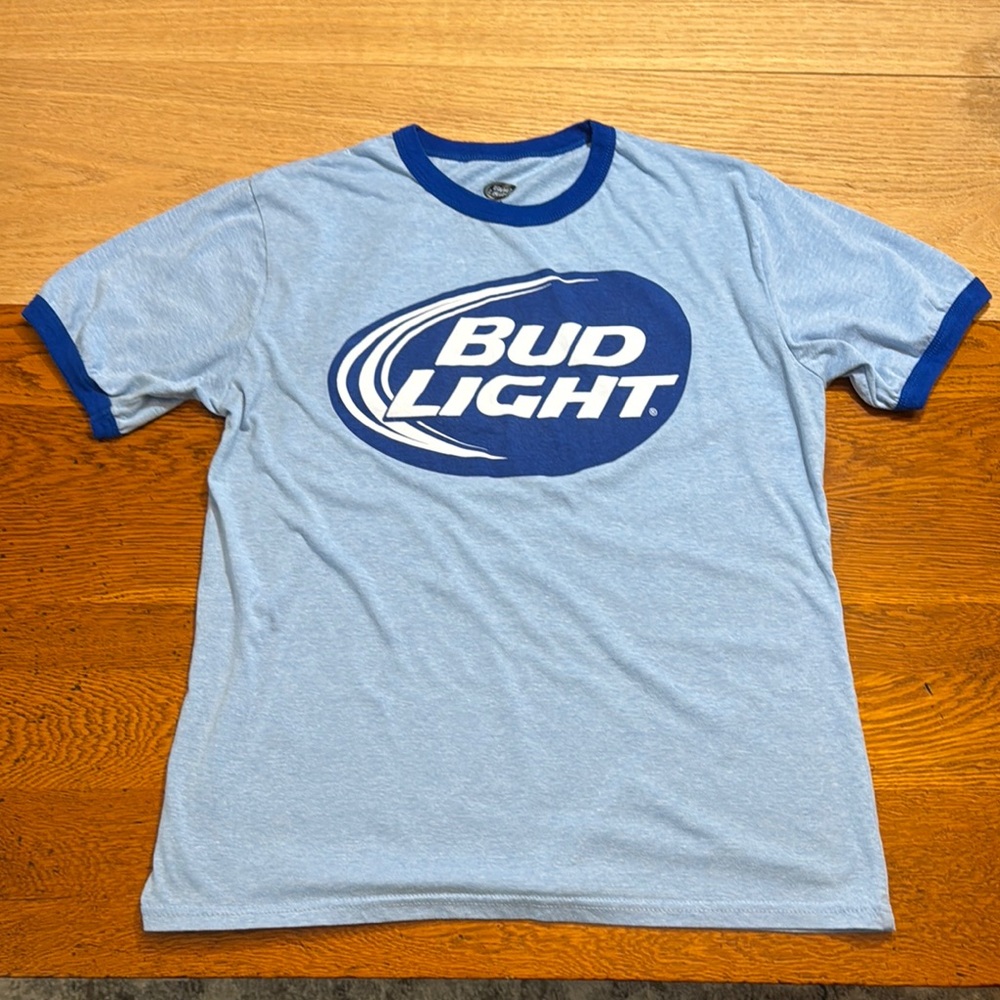 Bud Light, Light Blue Short Sleeve Tee with Logo and Contrast Trim